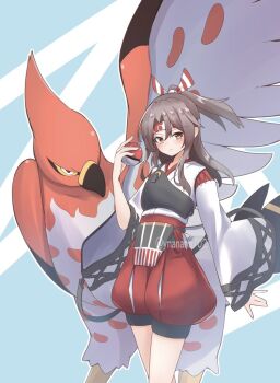 Rule 34 | 1girl, 702 (naotsu), apron, bird, brown eyes, brown hair, feet out of frame, gen 6 pokemon, hakama, hakama shorts, headband, high ponytail, holding, holding poke ball, japanese clothes, kantai collection, kimono, muneate, nintendo, poke ball, poke ball (basic), pokemon, pokemon (creature), ponytail, red short, red shorts, shirt, shorts, striped headband, talonflame, white kimono, white shirt, zuihou (kancolle)