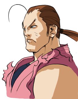 Rule 34 | 1boy, bengus, brown hair, dougi, game cg, hibiki dan, highres, male focus, muscular, muscular male, non-web source, official art, ponytail, portrait, short hair, simple background, sleeveless, solo, street fighter, street fighter zero (series), torn clothes, torn sleeves, undershirt, upper body, v-shaped eyebrows, white background