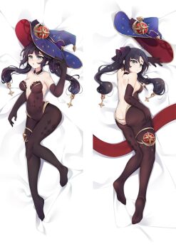 1girl ass bed_sheet black_bodysuit black_gloves black_hair bodysuit breasts closed_mouth collarbone dakimakura_(medium) elbow_gloves from_above full_body genshin_impact gloves green_eyes hat jewelry long_hair lying medium_breasts moeanime mona_(genshin_impact) on_back on_stomach purple_hat shoulder_blades sideboob solo split_screen strapless thighlet twintails very_long_hair witch_hat