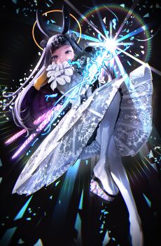 1girl absurdres black_background boots center-flap_bangs double_bun dress dress_flower dynamic_pose floomf flower gauntlets glowing glowing_weapon gradient_hair hair_bun hair_ornament halo highres holding holding_weapon hololive hololive_english layered_skirt lens_flare looking_at_viewer multicolored_hair ninomae_ina&#039;nis ninomae_ina&#039;nis_(ina_the_hero) orange_hair platform_boots purple_eyes purple_hair see-through_clothes see-through_skirt single_gauntlet skirt smile solo tentacle_hair traditional_halo twintails_with_hair_base virtual_youtuber weapon white_boots white_dress