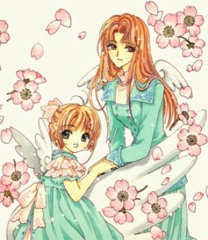 1990s_(style) 2girls age_difference brown_hair cardcaptor_sakura cherry_blossoms child clamp flower kinomoto_sakura lowres mizuki_kaho multiple_girls name_connection object_namesake official_art retro_artstyle wings