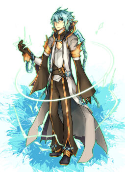 1boy ahoge black_gloves black_pants black_shoes blue_eyes blue_hair chain closed_mouth coat commentary_request electricity electrokinesis expressionless full_body gloves gold_trim grey_coat looking_at_viewer magic male_focus masago_(abyss_child) open_clothes open_coat pants ragnarok_online shirt shoes solo standing warlock_(ragnarok_online) white_background white_shirt