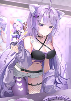Rule 34 | 1girl, ahoge, animal ear fluff, animal ears, asymmetrical legwear, blurry, blurry background, blush, breasts, cat ears, cat girl, cat tail, choker, cleavage, closed mouth, clothing cutout, collarbone, commentary request, crop top, hair between eyes, heart cutout, highres, hololive, indoors, karanashi noma, large breasts, long hair, long sleeves, looking at viewer, navel, nekomata okayu, nekomata okayu (gyaru), o-ring, o-ring choker, official alternate costume, official alternate hair length, official alternate hairstyle, purple eyes, purple hair, scrunchie, short shorts, shorts, sleeves past wrists, smile, solo, stomach, tail, torn clothes, torn shorts, uneven legwear, very long hair, virtual youtuber, white shorts