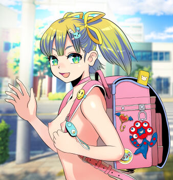 1girl akai_kuro animal_hair_ornament backpack badge bag breasts building bush button_badge casual_nudity charm_(object) choker cloud collarbone crime_prevention_buzzer crosswalk exhibitionism green_eyes green_hair hair_ornament hair_ribbon heart highres loli long_hair looking_at_viewer myaku-myaku nipples nude open_mouth original outdoors pole public_indecency public_nudity rabbit_hair_ornament randoseru ribbon road sky small_breasts smile smiley_face standing tree twintails upper_body waving yellow_ribbon zenra