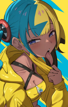 1girl absurdres bandeau black_hair blonde_hair blue_background blue_eyes blue_hair blush breasts canari_(pokemon) cleavage commentary_request dark-skinned_female dark_skin hashira_14 highres jacket looking_at_viewer mask medium_breasts multicolored_hair nintendo pokemon pokemon_legends:_z-a saliva simple_background solo teeth tongue tongue_out twintails two-tone_background upper_teeth_only yellow_background yellow_bandeau yellow_jacket