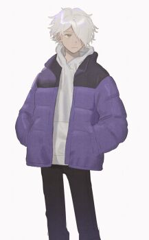 1boy alternate_costume black_pants closed_mouth collared_jacket commentary_request contemporary drawstring feet_out_of_frame frown fujie_xy green_eyes hair_over_one_eye hands_in_pockets highres hood hood_down hoodie jacket long_sleeves looking_to_the_side male_focus messy_hair multicolored_jacket octopath_traveler octopath_traveler_i one_eye_covered open_clothes open_jacket pants short_hair solo standing therion_(octopath_traveler) white_hair white_hoodie