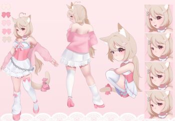 1girl akemi_kurai animal_ears artist_request asymmetrical_legwear bow brown_hair cat_ears cat_girl cat_tail choker high_heels indie_virtual_youtuber pink_eyes reference_sheet skirt socks tail tail_bow tail_ornament thighhighs virtual_youtuber white_socks