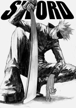 1boy arm_up blindfold commentary english_commentary english_text full_body gojou_satoru greyscale highres holding holding_sword holding_weapon jacket jujutsu_kaisen jujutsu_tech_uniform kuwoniagyu11112 long_sleeves male_focus monochrome pants shoes short_hair smile solo spiked_hair squatting sword weapon white_background