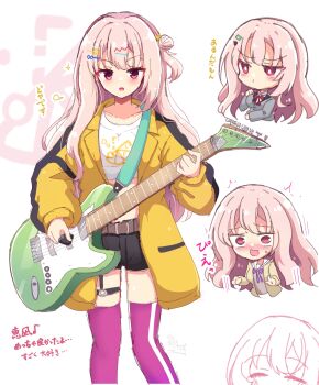 1girl :d @_@ absurdres belt black_shorts blush bright_pupils brown_belt chibi chibi_inset closed_mouth collarbone commentary_request crop_top cropped_torso doyagao embarrassed feet_out_of_frame guitar hair_between_eyes hair_bun hair_ornament hairclip hakutocake harumi_ena highres holding holding_guitar holding_instrument instrument jacket limelight_lemonade_jam long_hair looking_at_viewer multiple_views nose_blush o-ring o-ring_thigh_strap one_side_up open_clothes open_jacket open_mouth parallel_hairclips pink_hair pout puff_of_air purple_thighhighs red_eyes school_uniform shirt shorts signature simple_background single_side_bun sketch smile smug standing star_(symbol) star_hair_ornament sweatdrop thigh_strap thighhighs translation_request upper_body v-shaped_eyebrows very_long_hair white_background white_pupils white_shirt wide-eyed yellow_jacket zettai_ryouiki