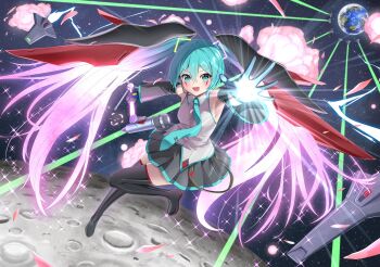 1girl aqua_eyes aqua_hair aqua_necktie armpits black_boots black_gloves black_skirt boots commentary_request cosplay crater crossover destiny_gundam destiny_gundam_(cosplay) detached_sleeves earth_(planet) explosion eye_tattoo fuido funnels_(gundam) gloves glowing glowing_hair glowing_hand gradient_hair grey_shirt gundam gundam_seed gundam_seed_destiny hair_between_eyes hair_ornament hatsune_miku highres holding holding_microphone_stand long_hair looking_at_viewer microphone_stand moon multicolored_hair necktie open_mouth pink_hair planet pleated_skirt reaching reaching_towards_viewer shirt skirt sleeveless sleeveless_shirt solo space sparkle tattoo thigh_boots twintails vocaloid