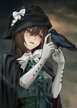 1girl bird bird_on_hand black_bird black_cape black_hat bow brown_hair cape crow dark_background elbow_gloves gloves green_shirt hands_up hat hat_bow highres iqbqlz looking_at_animal neckerchief parted_lips red_eyes reverse:1999 semmelweis_(reverse:1999) shirt solo tricorne upper_body white_bow white_gloves white_neckerchief