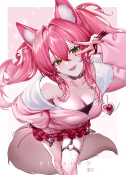 1girl absurdres animal_ears artist_name black_shirt blush border breasts brown_choker choker cleavage collarbone commentary earrings fangs fingernails frilled_skirt frills glint hair_between_eyes hair_intakes heart heart_earrings highres hood hoodie jewelry kemonomimi_mode large_breasts long_hair long_sleeves looking_at_viewer lupa_(wuthering_waves) nail_polish necklace o-ring o-ring_thigh_strap open_mouth pink_background pink_hair pink_hoodie pink_lips pink_nails pink_skirt ringeko-chan shirt skirt smile solo star_(symbol) star_necklace tail teeth thigh_strap thighs twintails upper_teeth_only w w_over_eye white_background white_border wolf_ears wolf_girl wolf_tail wuthering_waves yellow_eyes