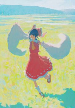 1girl ascot black_hair bow commentary day detached_sleeves fjsmu frilled_bow frilled_hair_tubes frills full_body hair_tubes hakurei_reimu highres long_sleeves mary_janes medium_hair outdoors outstretched_arms plain red_bow red_eyes red_shirt red_shoes red_skirt ribbon ribbon-trimmed_bow ribbon-trimmed_shirt ribbon-trimmed_skirt ribbon_trim shadow shirt shoes skirt sleeves_past_fingers sleeves_past_wrists socks solo spread_arms standing standing_on_one_leg touhou white_ribbon white_sleeves white_socks wide_sleeves yellow_ascot