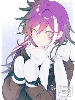 Rule 34 | 1boy, banzoin hakka, blue eyes, braid, brown coat, closed mouth, coat, gloves, highres, holostars, light smile, looking at viewer, ribbon, scarf, snow, snowing, solo, utatane660, white gloves, white scarf, winter clothes