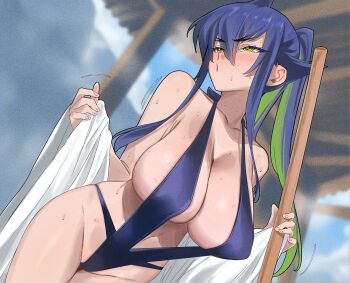 1girl black_one-piece_swimsuit blue_hair blue_sky blush breasts colored_inner_hair day gaston18 green_hair highres huge_breasts kanan-sama_wa_akumade_choroi long_hair looking_to_the_side multicolored_hair navel one-piece_swimsuit open_mouth outdoors ponytail shinryuji_tekka sky solo swimsuit