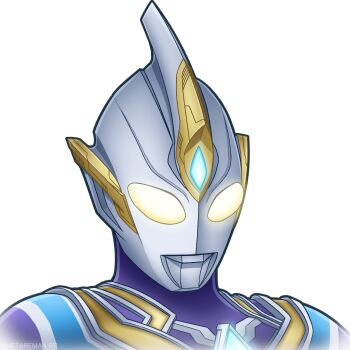 1boy absurdres alien armor blue_skin breastplate color_timer colored_skin commentary compound_eyes crystal dorsal_fin forehead_jewel giant giant_male glowing glowing_eyes gold_trim gradient_eyes hetareman highres looking_down male_focus multicolored_eyes multicolored_skin no_pupils portrait purple_skin silver_skin simple_background solo tokusatsu twitter_username ultra_series ultraman_trigger ultraman_trigger_(series) ultraman_trigger_(sky_type) white_background white_eyes yellow_eyes