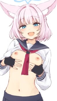 1girl animal_ear_fluff animal_ears black_gloves black_skirt blue_archive blue_eyes blush breast_lift breasts clothes_lift fingerless_gloves fox_ears gloves halo highres long_sleeves nagami_yuu navel neckerchief niko_(blue_archive) nipples open_mouth pink_hair red_neckerchief sailor_collar shirt shirt_lift short_hair simple_background skirt small_breasts smile solo upper_body white_background white_shirt