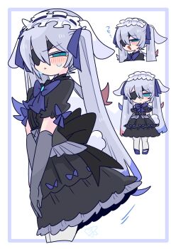 1boy animal_ears back_bow black_bow black_choker black_corset black_shirt black_skirt blue_bow blue_bowtie blue_eyes blue_hair blue_shoes blush bow bowtie choker closed_mouth collared_shirt colored_tips commentary corset covering_crotch covering_privates cowboy_shot crossdressing crossdressing_(mtf) double-parted_bangs ears_down elbow_gloves embarrassed expressionless eyepatch fang flipped_hair frilled_shirt frilled_skirt frilled_sleeves frills from_side frown full_body furrowed_brow gloves grey_gloves hair_between_eyes hair_bow hairband highres large_bow layered_skirt long_hair looking_at_viewer male_focus multicolored_hair multiple_views narrowed_eyes no_nose one_eye_covered op_na_yarou open_mouth original pantyhose portrait quad_tails rabbit_boy rabbit_ears rabbit_tail red_hair rigel_(op_na_yarou) shirt shoes short_sleeves sidelocks simple_background skirt standing straight_hair sweatdrop tail trap v_arms very_long_hair watermark white_background white_hair white_hairband white_pantyhose