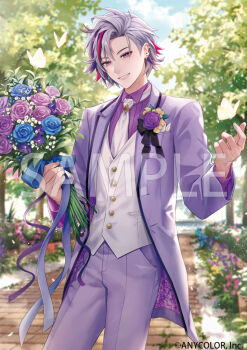 Rule 34 | 1boy, baby's-breath, blue flower, blue ribbon, blue rose, blurry, blurry background, bouquet, boutonniere, brooch, bug, butterfly, cloud, copyright notice, cowboy shot, curtained hair, day, ear piercing, earclip, earrings, flower, formal clothes, fuwa minato, grey hair, hair between eyes, hands up, hedge, holding, holding bouquet, insect, jacket, jewelry, lapels, light particles, long sleeves, looking at viewer, male focus, mismatched earrings, multicolored hair, necktie, nijisanji, notched lapels, official art, open clothes, open jacket, outdoors, pants, parted lips, patterned clothing, pavement, piercing, pink flower, pink hair, pocket square, ponponpananda, purple eyes, purple flower, purple hair, purple jacket, purple pants, purple ribbon, purple rose, purple shirt, purple suit, ribbon, rose, sample watermark, shirt, short hair, side part, smile, solo, standing, streaked hair, suit, sunlight, tree, tuxedo shirt, two-sided fabric, two-sided jacket, v-shaped eyebrows, vest, virtual youtuber, watermark, white butterfly, white flower, white necktie, white vest, yellow flower