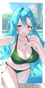 1girl absurdres aqua_hair bikini braid breasts chloe_(fire_emblem) cleavage fire_emblem fire_emblem_engage green_bikini green_eyes hair_between_eyes highres large_breasts looking_at_viewer midriff navel nintendo open_mouth side_braid swimsuit tarutaru193 teeth upper_teeth_only