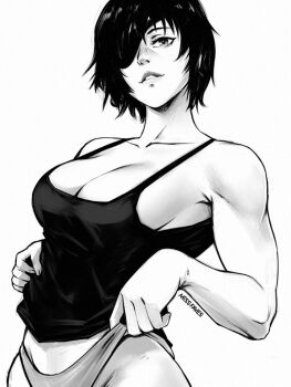 Rule 34 | 1girl, artist name, breasts, camisole, chainsaw man, cleavage, collarbone, commentary, eyepatch, himeno (chainsaw man), large breasts, medium hair, miss faves, panties, parted lips, solo, toned, toned female, underwear, upper body