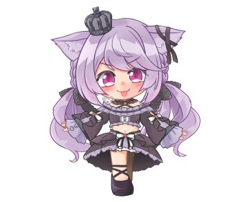 Rule 34 | 1girl, :3, animal ear fluff, animal ears, black bow, black collar, black ribbon, black shoes, black skirt, black sleeves, black tube top, blush, bow, skirt bow, cat ears, chibi, closed mouth, collar, commentary, criss-cross halter, crown, detached collar, detached sleeves, ear ribbon, frilled tube top, frills, full body, hair bow, halterneck, ina uruu, kica28v, long hair, looking at viewer, low twintails, midriff, mini crown, nanashi inc., navel, pink eyes, purple hair, ribbon, shoes, simple background, skirt, smile, solo, strapless, tongue, tongue out, tube top, twintails, two-tone bow, v-shaped eyebrows, virtual youtuber, white background, white bow
