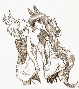 Rule 34 | 2girls, alternate costume, animal ears, antlers, arm tattoo, back tattoo, closed mouth, commentary request, dragon girl, dragon horns, from behind, horns, horse ears, horse girl, horse tail, kicchou yachie, kurokoma saki, long hair, looking at viewer, looking back, menotama, missing headwear, missing wings, multi-source commentary, multiple girls, naked towel, short hair, tail, tattoo, touhou, towel, traditional media