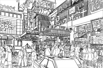 absurdly_detailed_composition absurdres analog_clock building bus car clock commentary_request complex_exterior greyscale highres lineart monochrome motor_vehicle original outdoors pen_(medium) people scenery shop sign traditional_media translation_request urban walking yamaguti