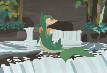 absurdres closed_mouth full_body gen_5_pokemon highres leaf nintendo outdoors pokemon pokemon_(creature) pokemon_focus red_eyes servine smile snake solo tail tori_chiritsu tree water