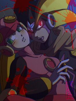 armor bass.exe_(mega_man) black_armor blood blood_splatter blush cape chromatic_aberration fangs formal_clothes glowing glowing_eyes helmet looking_at_viewer mega_man_(series) mega_man_battle_network_(series) pink_suit rakun.ex roll.exe_(mega_man) suit vampire