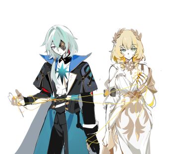 1boy 1girl aglaea_(honkai:_star_rail) anaxa_(honkai:_star_rail) ascot bare_shoulders black_gloves black_jacket black_pants blonde_hair blue_cape blue_eyes breasts cape cleavage closed_mouth clothing_cutout cowboy_shot crossed_bangs dress earrings empty_eyes eyepatch flower gloves gold_ring greco-roman_clothes green_eyes green_hair hair_between_eyes hair_flower hair_ornament half-closed_eye half-closed_eyes hand_up hetero honkai:_star_rail honkai_(series) jacket jewelry lapels large_breasts laurel_crown long_hair long_sleeves looking_down low_ponytail multicolored_eyes nekofeiyuuuu open_clothes open_jacket pants partially_fingerless_gloves pink_eyes ponytail puffy_short_sleeves puffy_sleeves shirt short_hair short_sleeves shoulder_cutout sidelocks simple_background single_earring single_glove standing thread white_ascot white_background white_dress white_flower white_shirt