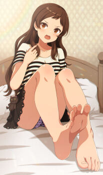 1girl absurdres barefoot bedroom black_skirt brown_eyes brown_hair collarbone feet hand_up highres iceman_(iceman550787) idolmaster idolmaster_million_live! indoors kitazawa_shiho knees_up long_hair on_bed open_mouth panties print_panties purple_panties shirt short_sleeves sitting skirt soles solo striped_clothes striped_shirt stuffed_animal stuffed_cat stuffed_toy toenails toes underwear