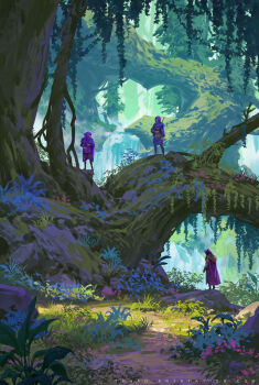 3others boulder cloak commentary day english_commentary facing_viewer forest from_side grass highres hood hooded_cloak jungle landscape leaf multiple_others nature original outdoors painterly plant plant_roots purple_cloak purple_tunic scenery standing sunlight sylvain_sarrailh tree tunic vines watermark web_address