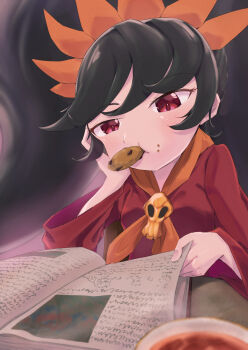 1girl ascot ashley_(warioware) black_hair book cookie female_focus food food_in_mouth hair_ornament head_on_hand highres long_hair mouth_hold necklace nintendo orange_ascot reading red_eyes red_robe robe skull_necklace solo very_long_hair warioware yomori_ekk