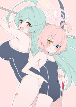 2girls :d absurdres abydos_high_school_swimsuit ahoge bandaid bandaid_on_arm bandaid_on_leg blue_archive blue_eyes blue_one-piece_swimsuit blush breasts closed_mouth commentary_request covered_navel halo heterochromia highres hoshino_(blue_archive) hoshino_(first_year)_(blue_archive) huge_ahoge huge_breasts long_hair looking_at_viewer mistel_(sukebemistel) multiple_girls one-piece_swimsuit open_mouth outline partial_commentary pickaxe pink_hair pink_halo revision school_swimsuit short_hair simple_background small_breasts smile swimsuit very_long_hair white_outline yellow_eyes yellow_halo yume_(blue_archive)