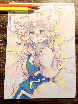 Rule 34 | 1girl, animal hat, art tools in frame, blonde hair, blue tabard, blush, breasts, commentary request, dress, fox tail, hat, heart, highres, kitsune, large breasts, long sleeves, looking at viewer, masanaga (tsukasa), medium hair, mob cap, multiple tails, open mouth, photo (medium), smile, solo, spoken heart, tabard, tail, touhou, traditional media, white dress, yakumo ran, yellow eyes