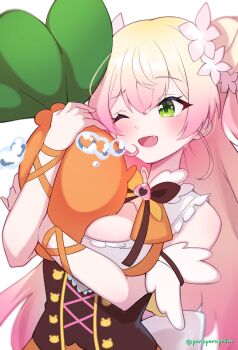 Rule 34 | 1girl, absurdres, arm garter, arms behind back, blonde hair, blush, bow, bowtie, breasts, brown bow, brown bowtie, brown corset, cleavage, cleavage cutout, clothing cutout, commentary request, corset, crying, cutout above navel, double bun, fang, flower, frilled shirt, frills, gradient hair, green eyes, hair bun, hair flower, hair ornament, highres, hololive, hug, long hair, looking at another, momosuzu nene, momosuzu nene (1st costume), multicolored bow, multicolored bowtie, multicolored hair, nekko (momosuzu nene), one eye closed, open mouth, orange bow, orange bowtie, orange shirt, pink flower, pink hair, poruporupriiin, shirt, sleeveless, smile, twitter username, two side up, underbust, upper body, virtual youtuber, waist bow, white background, white bow, yellow bow, yellow bowtie