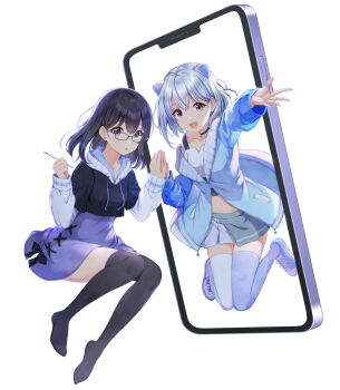 2girls :d asymmetrical_footwear asymmetrical_legwear black-framed_eyewear black_hair black_hoodie black_thighhighs blue_hair blue_jacket blue_shoes blue_thighhighs cellphone character_request check_character commentary_request crop_top drawstring glasses grey_hair grey_skirt hair_between_eyes high-waist_skirt highres holding holding_pen hood hood_down hoodie iriam jacket kurumi_(iriam) long_sleeves midriff miria_(iriam) mismatched_footwear mismatched_legwear multicolored_hair multiple_girls navel no_shoes open_mouth pen phone pleated_skirt puffy_long_sleeves puffy_sleeves purple_eyes purple_skirt shoes simple_background skirt smile streaked_hair thighhighs white_background white_shoes white_thighhighs yatomi