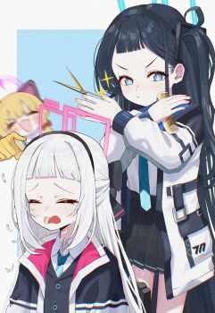 Rule 34 | 3girls, absurdres, animal ear headphones, animal ears, aris (blue archive), black hair, black hairband, black skirt, black vest, blonde hair, blue archive, blue eyes, blue halo, blue necktie, blush, cat ear headphones, cat ears, closed eyes, closed mouth, commentary request, crying, fake animal ears, hair brush, hairband, half updo, halo, headphones, highres, holding, holding hair brush, holding scissors, jacket, kei (blue archive), kei (new body) (blue archive), laughing cat pointing at you (meme), meme, momoi (blue archive), moya02 ku, multiple girls, necktie, one side up, open mouth, pink halo, pleated skirt, purple halo, scissors, short bangs, skirt, vest, white hair, white jacket