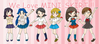 6+girls annotated blush character_name comparison english_text everyone gyaru holding holding_poke_ball kogal lass_(pokemon) lass_(pokemon_dppt) lass_(pokemon_frlg) lass_(pokemon_gsc) lass_(pokemon_hgss) lass_(pokemon_rgby) lass_(pokemon_rse) long_hair loose_socks miniskirt multiple_girls nintendo npc_trainer poke_ball poke_ball_(basic) pokemon pokemon_dppt pokemon_frlg pokemon_gsc pokemon_hgss pokemon_rgby pokemon_rse school_uniform short_hair skirt socks twintails yumeka