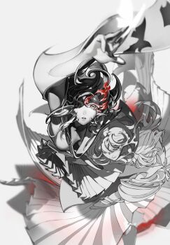 2girls arm_up armpits closed_mouth commentary double-parted_bangs dress english_commentary greyscale heterochromia highres long_hair looking_at_viewer looking_down monochrome multiple_girls original parted_lips simple_background spot_color white_background yoneyama_mai