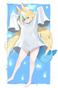 Rule 34 | 1girl, absurdres, alternate costume, animal ear fluff, animal ears, blonde hair, blue eyes, blue streaks, cat ears, commentary, dress, fang, fins, fish girl, fish tail, highres, indie virtual youtuber, itokai, long hair, looking at viewer, low twintails, multicolored hair, open mouth, sameko saba, skin fang, sleeves past fingers, sleeves past wrists, smile, solo, streaked hair, symbol-only commentary, tail, twintails, very long hair, virtual youtuber, white dress