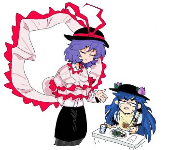 2girls bib black_hat black_skirt capelet closed_eyes food fork frilled_capelet frilled_shawl frills hat hat_ribbon hinanawi_tenshi holding holding_fork long_sleeves multiple_girls nagae_iku peach_hat_ornament red_ribbon ribbon shawl shirt simple_background skirt sweat table touhou v-shaped_eyebrows wakasagisashimi white_background white_shawl white_shirt