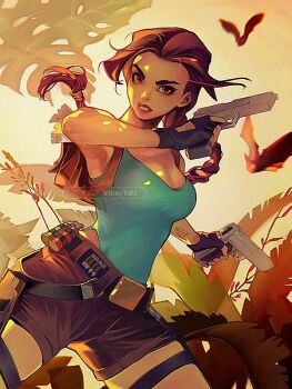 1girl arm_tattoo backpack bag bare_shoulders bat_(animal) black_gloves blue_shirt braid breasts brown_eyes brown_hair brown_shorts bullet cleavage clenched_teeth cowboy_shot dual_wielding fingerless_gloves furrowed_brow gloves gun handgun holding holster lara_croft long_hair medium_breasts parted_lips shirt shorts signature single_braid sleeveless sleeveless_shirt solo tattoo teeth thigh_holster tholia_bentz tomb_raider watermark weapon web_address
