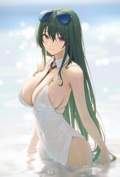 Rule 34 | 1girl, 95 (jiuwujiang), absurdres, blue-tinted eyewear, breasts, character request, commentary request, covered navel, cowboy shot, daiblos core, eyewear on head, green hair, highres, large breasts, long hair, looking at viewer, looking to the side, partially submerged, purple eyes, smile, solo, tinted eyewear, very long hair, water