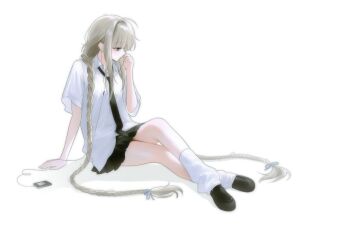 Rule 34 | 1girl, black necktie, black shoes, black skirt, blonde hair, braid, collared shirt, earphones, green eyes, hair ribbon, loafers, long hair, looking down, loose socks, miniskirt, mp3 player, necktie, original, ribbon, school uniform, shirt, shoes, sitting, skirt, so seo, socks, solo, twin braids, very long hair, white background, white shirt, white socks