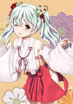 1girl bare_shoulders blush breasts commentary_request detached_sleeves hair_ornament hakama hakama_skirt japanese_clothes jiji_(aardvark) kanzashi large_breasts looking_at_viewer one_eye_closed original red_eyes side_slit sideboob skirt smile solo twintails white_hair