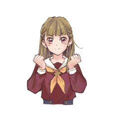 Rule 34 | 1girl, blunt bangs, braid, brown dress, brown hair, center-flap bangs, clenched hands, closed mouth, cropped torso, determined, dress, hands up, hasu no sora school uniform, highres, kachimachi kosuzu, l9525, link! like! love live!, long hair, long sleeves, looking at viewer, love live!, neckerchief, pink eyes, sailor collar, sailor dress, school uniform, side ahoge, side braids, simple background, smile, solo, split mouth, straight hair, upper body, virtual youtuber, white background, white sailor collar, winter uniform, yellow neckerchief