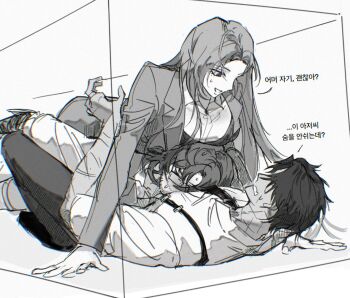 1girl 2boys blue_eyes boy_and_girl_sandwich breasts chanil_(muexlku) chest_harness coat collared_shirt commentary_request glasses gregor_(project_moon) greyscale harness heathcliff_(project_moon) highres korean_commentary korean_text lapels large_breasts limbus_company low_ponytail monochrome multiple_boys necktie notched_lapels open_mouth ponytail project_moon rodion_(project_moon) sandwiched shirt smile spot_color translation_request vest