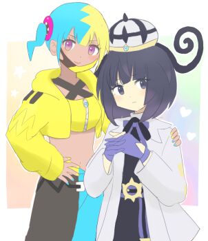 2girls aqua_hair aqua_pants arm_around_shoulder bandeau belt black_dress black_pants blonde_hair bob_cut canari_(pokemon) closed_mouth coat cropped_jacket dark-skinned_female dark_skin dress eyelashes gloves gwynn_(pokemon) hand_on_another&#039;s_shoulder hand_on_own_hip hat heart interlocked_fingers jacket long_sleeves looking_at_viewer multicolored_hair multiple_girls navel nintendo o-ring o-ring_belt open_clothes open_coat own_hands_together pants pokemon pokemon_legends:_z-a purple_eyes purple_gloves purple_hair sai00106 short_hair smile split-color_hair star_(symbol) two-tone_hair two-tone_pants white_coat yellow_jacket